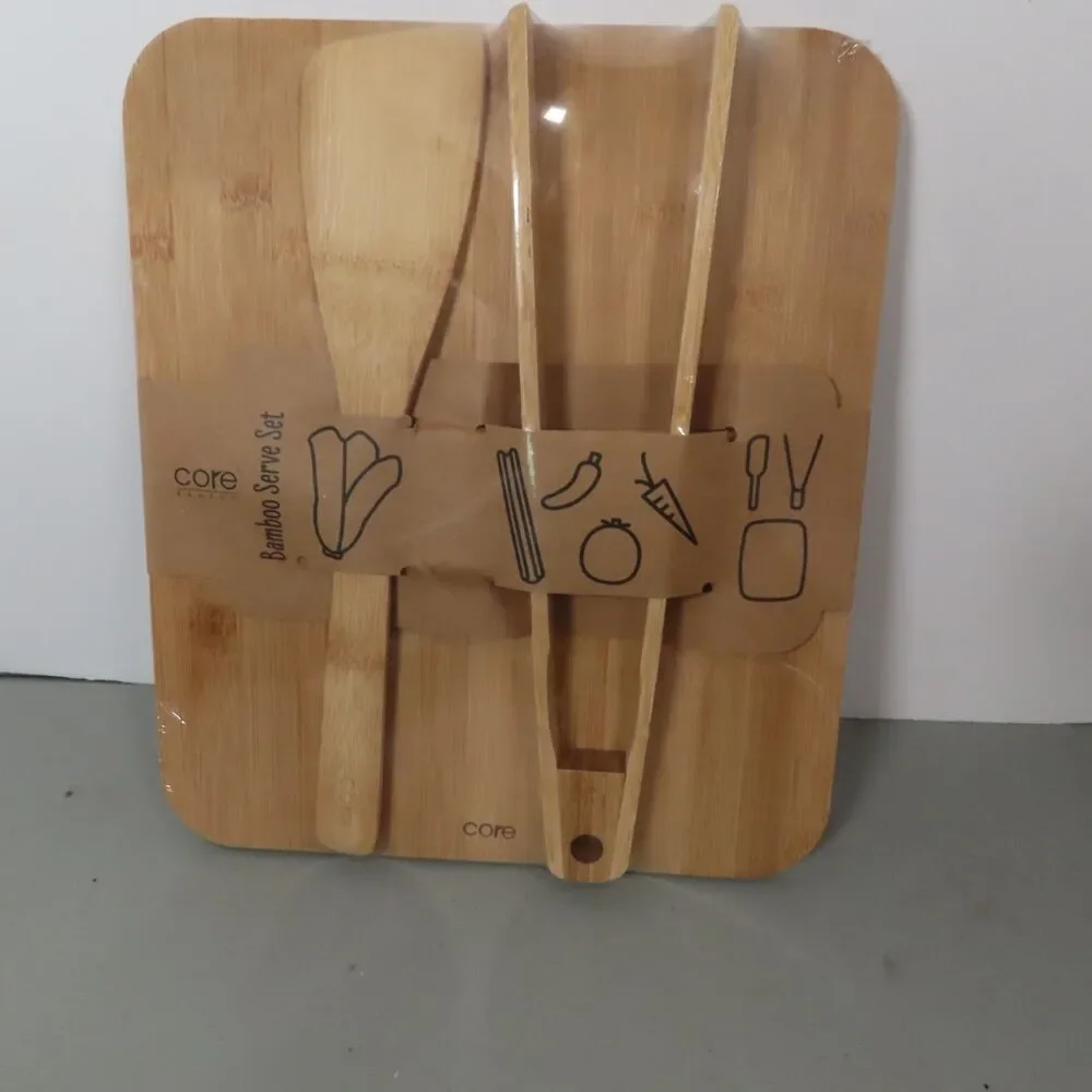 *New* Core Bamboo ~ Bamboo Serve Set ~ Serving Board Spatula Tongs ~ Sealed